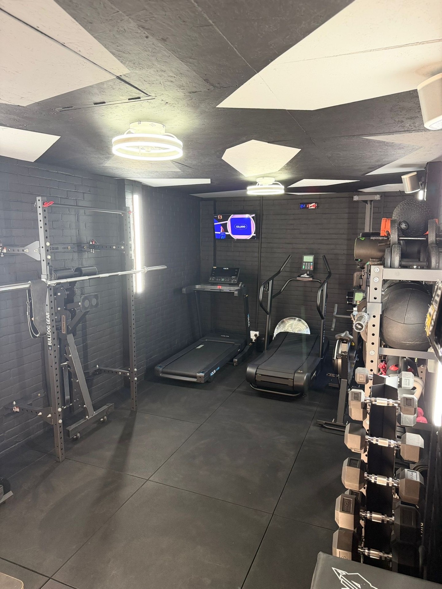 Gym interior with rowing machines and assault bikes